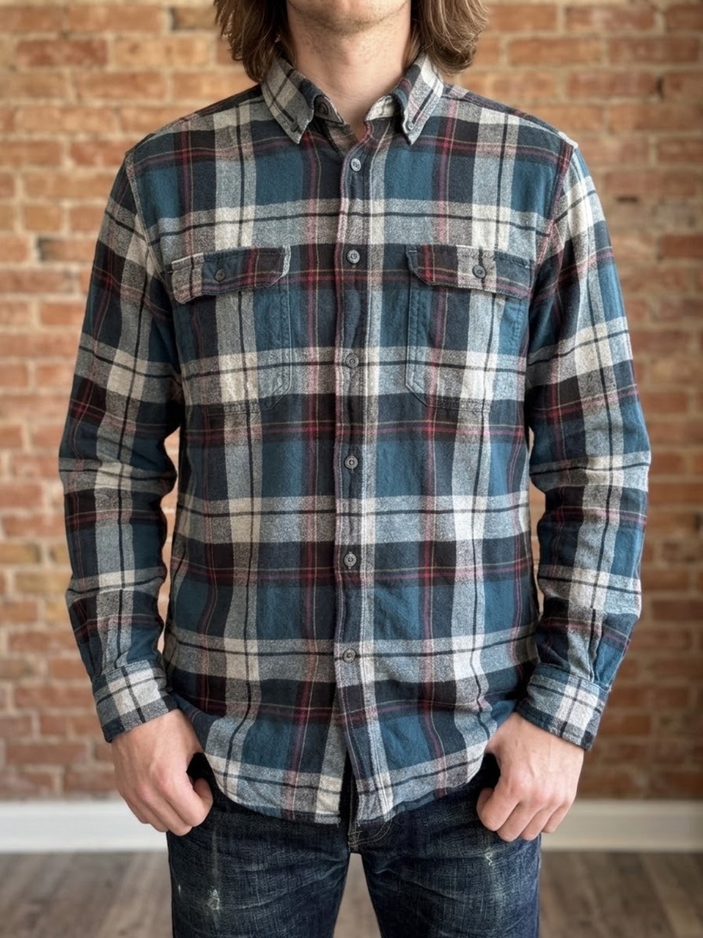 George Gem Slate Teal Plaid 100% Cotton Long Sleeve Flannel Shirt Size M (38-40)